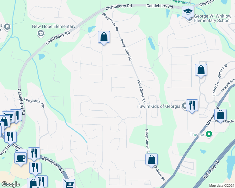 map of restaurants, bars, coffee shops, grocery stores, and more near 4645 Stonehaven View in Cumming