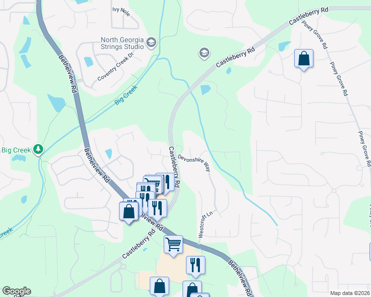 map of restaurants, bars, coffee shops, grocery stores, and more near 5120 Devonshire Way in Cumming