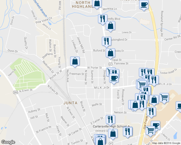 map of restaurants, bars, coffee shops, grocery stores, and more near 104 Mary Street in Cartersville