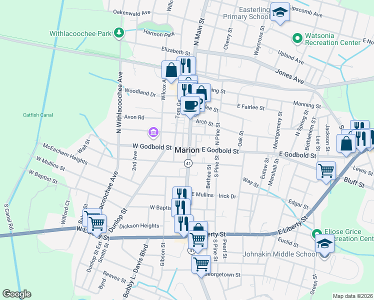 map of restaurants, bars, coffee shops, grocery stores, and more near in Marion