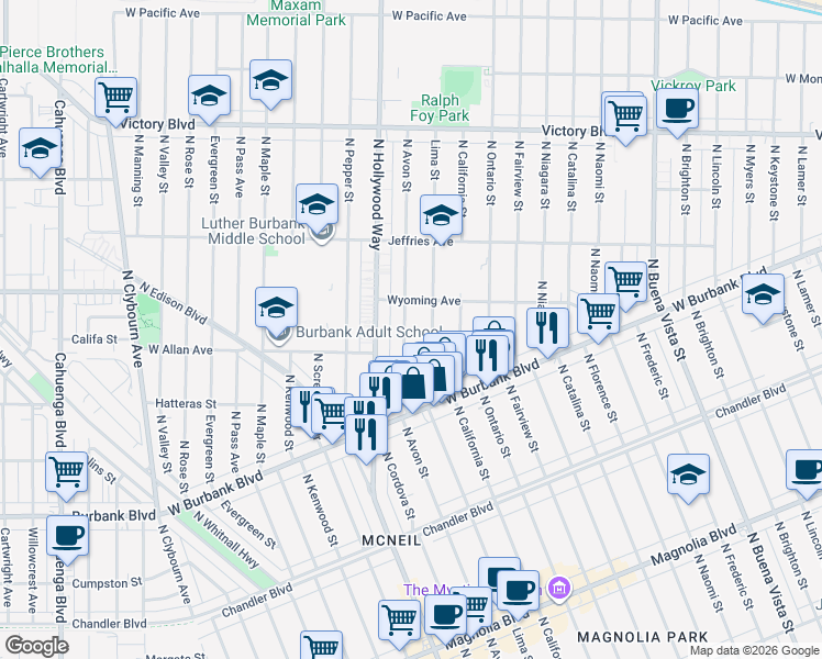map of restaurants, bars, coffee shops, grocery stores, and more near 1520 North Avon Street in Burbank