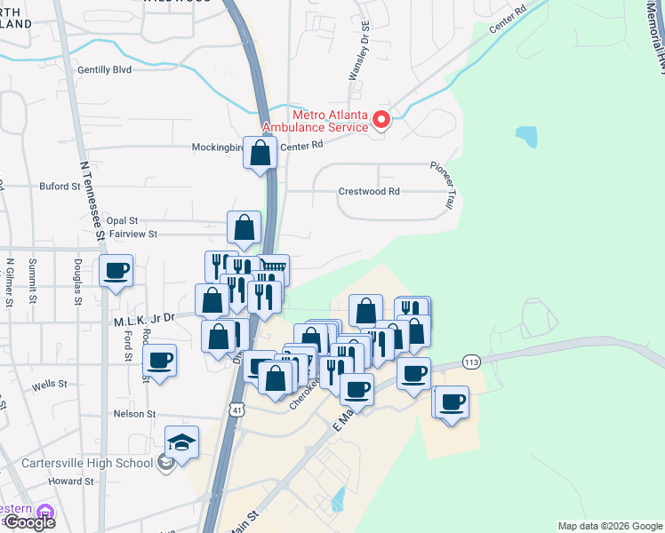 map of restaurants, bars, coffee shops, grocery stores, and more near 720 Martin Luther King Junior Drive in Cartersville