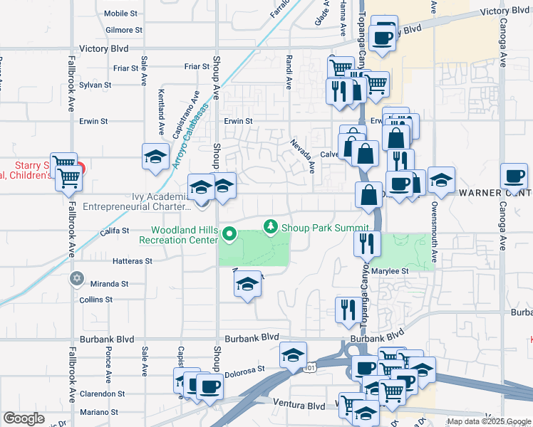 map of restaurants, bars, coffee shops, grocery stores, and more near 22237 Tiara Street in Los Angeles