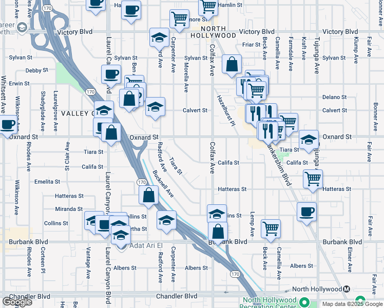 map of restaurants, bars, coffee shops, grocery stores, and more near 11730 Califa Street in Los Angeles