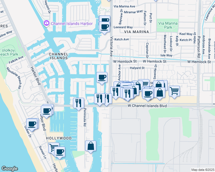 map of restaurants, bars, coffee shops, grocery stores, and more near 2305 Victoria Avenue in Oxnard
