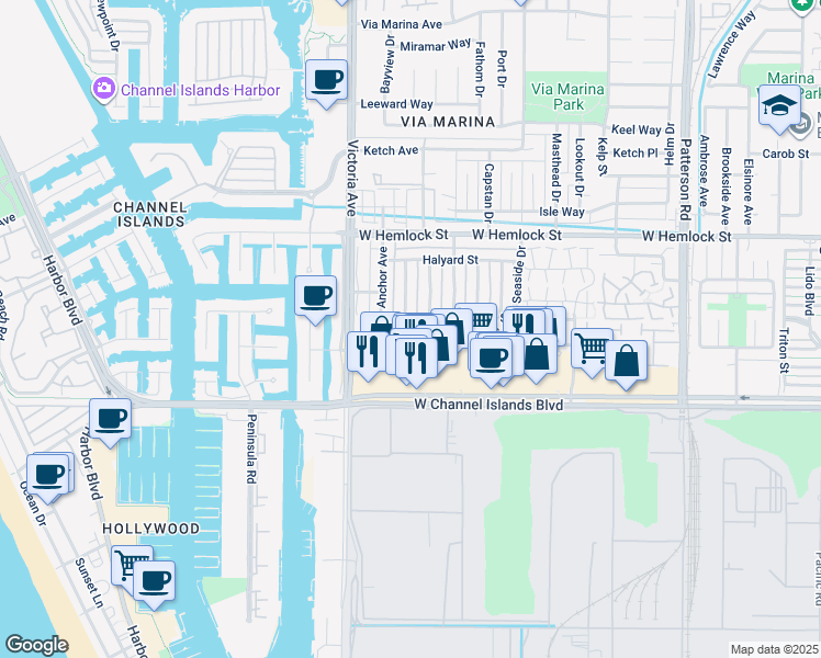 map of restaurants, bars, coffee shops, grocery stores, and more near 2536 Seashore Court in Port Hueneme