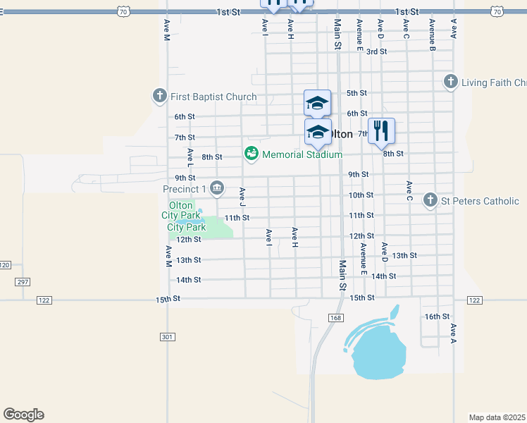 map of restaurants, bars, coffee shops, grocery stores, and more near 1100-1198 Avenue I in Olton