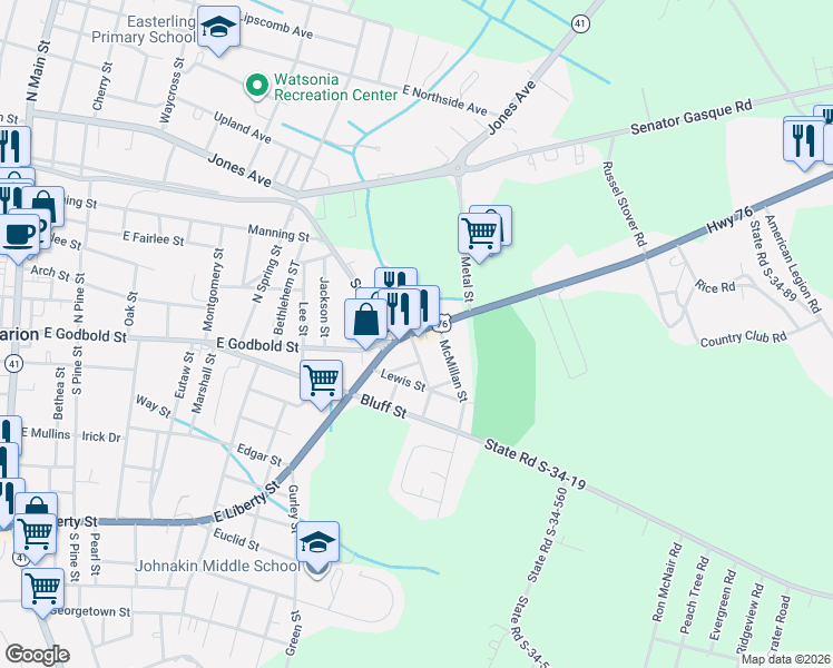 map of restaurants, bars, coffee shops, grocery stores, and more near 198 Stackhouse St in Marion
