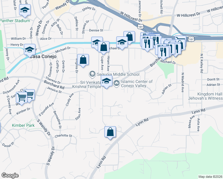 map of restaurants, bars, coffee shops, grocery stores, and more near 2748 Borchard Road in Thousand Oaks