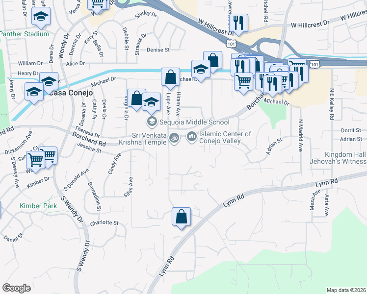 map of restaurants, bars, coffee shops, grocery stores, and more near 2645 West Kelly Road in Thousand Oaks