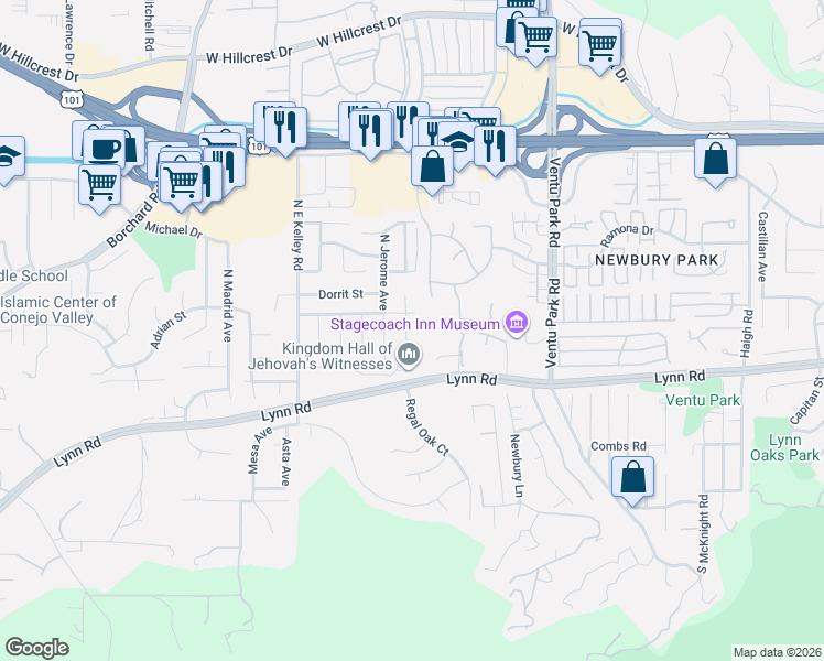 map of restaurants, bars, coffee shops, grocery stores, and more near 30 South Ellis Place in Thousand Oaks