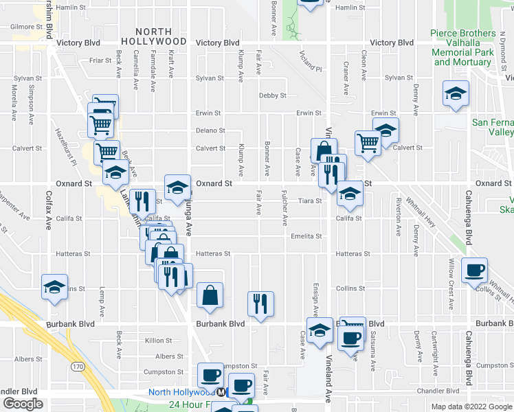 map of restaurants, bars, coffee shops, grocery stores, and more near 5915 Fair Avenue in Los Angeles