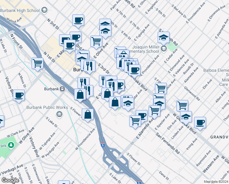 map of restaurants, bars, coffee shops, grocery stores, and more near 130 East Providencia Avenue in Burbank