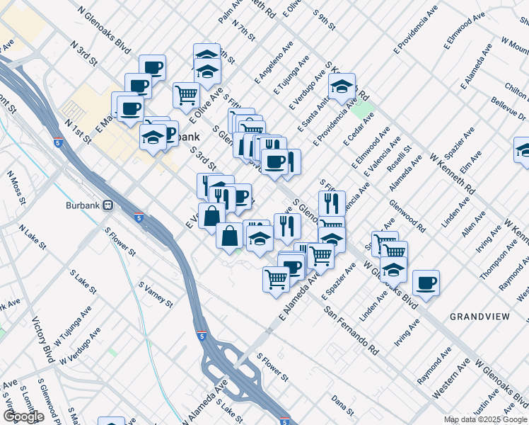 map of restaurants, bars, coffee shops, grocery stores, and more near 300 West Providencia Avenue in Burbank