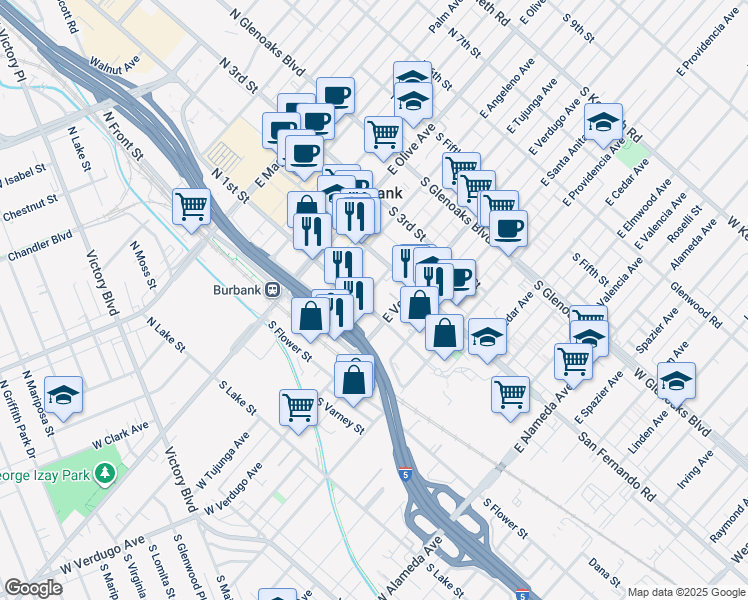 map of restaurants, bars, coffee shops, grocery stores, and more near in Burbank