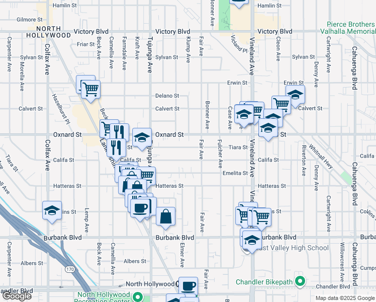 map of restaurants, bars, coffee shops, grocery stores, and more near 11232 Tiara Street in Los Angeles