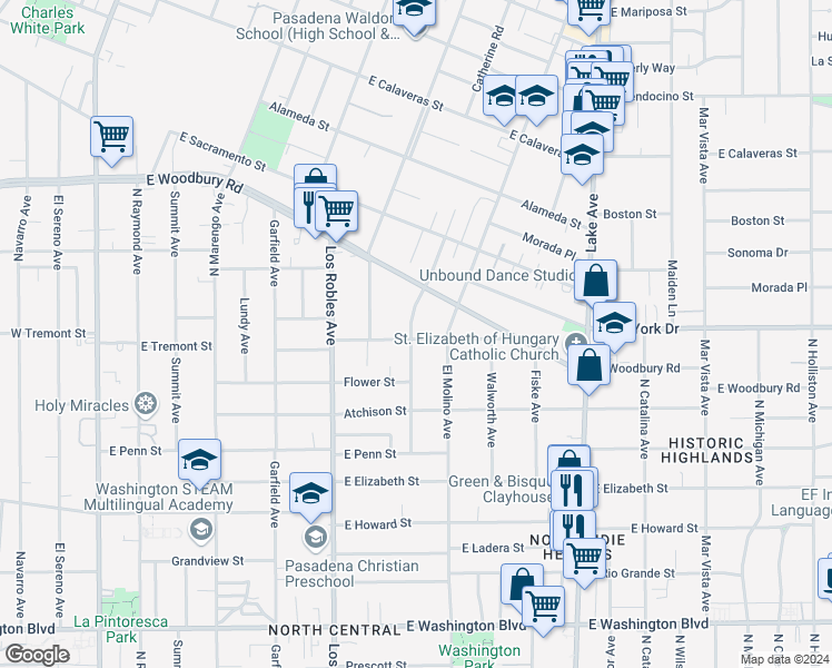 map of restaurants, bars, coffee shops, grocery stores, and more near 1882 North Madison Avenue in Pasadena