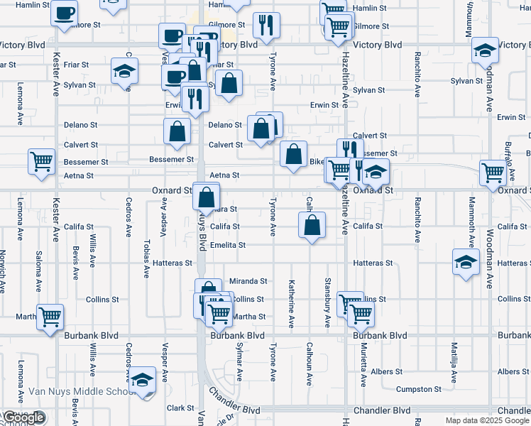 map of restaurants, bars, coffee shops, grocery stores, and more near 14260 Oxnard Street in Los Angeles