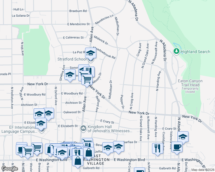 map of restaurants, bars, coffee shops, grocery stores, and more near 1905 Midlothian Drive in Altadena