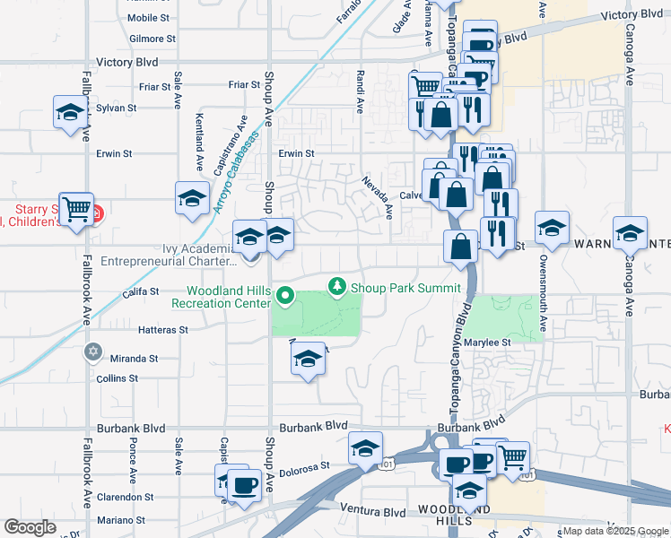 map of restaurants, bars, coffee shops, grocery stores, and more near 22237 Tiara Street in Los Angeles