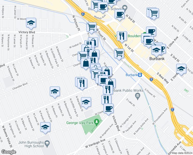 map of restaurants, bars, coffee shops, grocery stores, and more near 503 North Victory Boulevard in Burbank