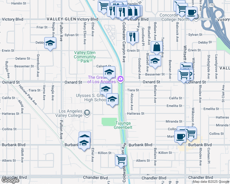 map of restaurants, bars, coffee shops, grocery stores, and more near 13000 Oxnard Street in Los Angeles