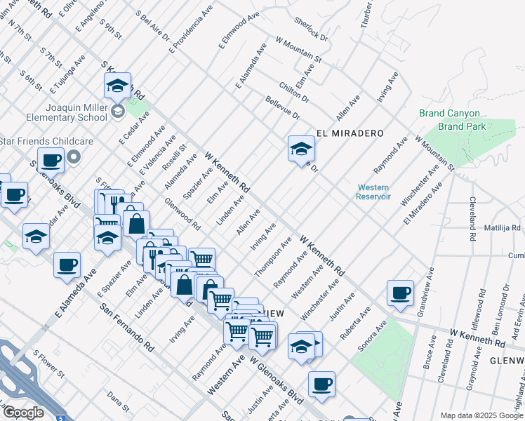 map of restaurants, bars, coffee shops, grocery stores, and more near 1852 West Kenneth Road in Glendale