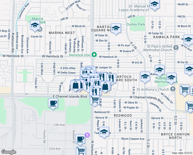 map of restaurants, bars, coffee shops, grocery stores, and more near 1441 West Kamala Street in Oxnard