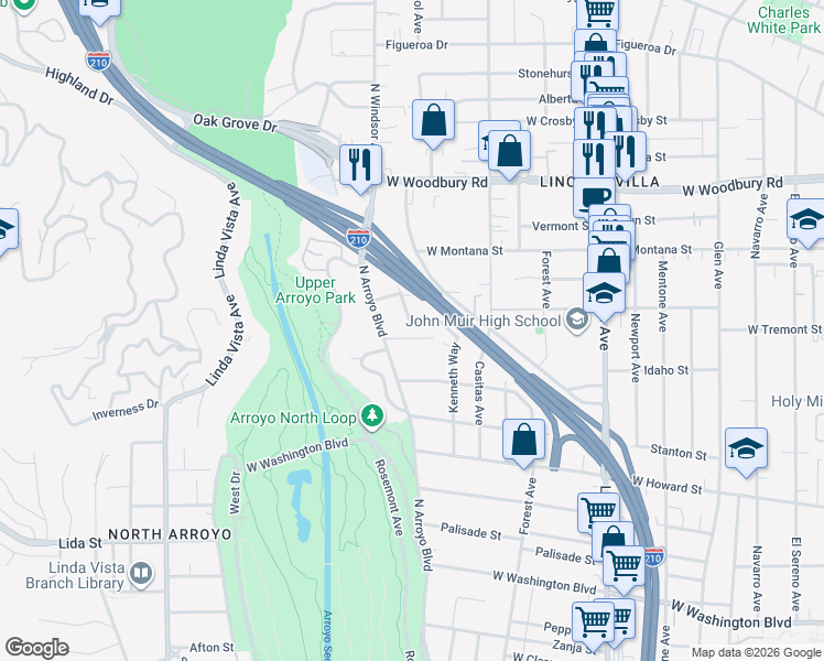 map of restaurants, bars, coffee shops, grocery stores, and more near 800 Selkirk Street in Pasadena
