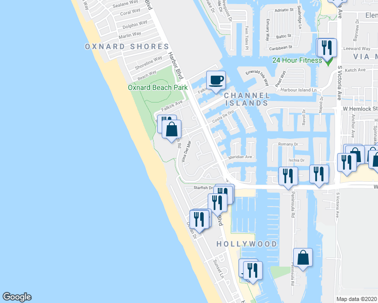 map of restaurants, bars, coffee shops, grocery stores, and more near 2122 Vina Del Mar in Oxnard