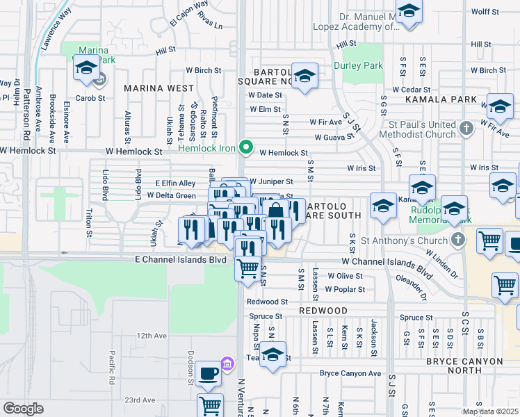 map of restaurants, bars, coffee shops, grocery stores, and more near 1410 Friedrich Lane in Oxnard