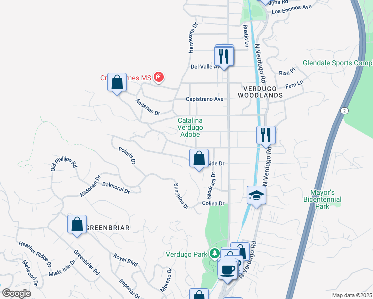 map of restaurants, bars, coffee shops, grocery stores, and more near 1540 Wabasso Way in Glendale