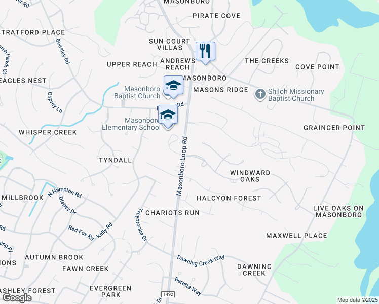 map of restaurants, bars, coffee shops, grocery stores, and more near 3541 Masonboro Loop Road in Wilmington