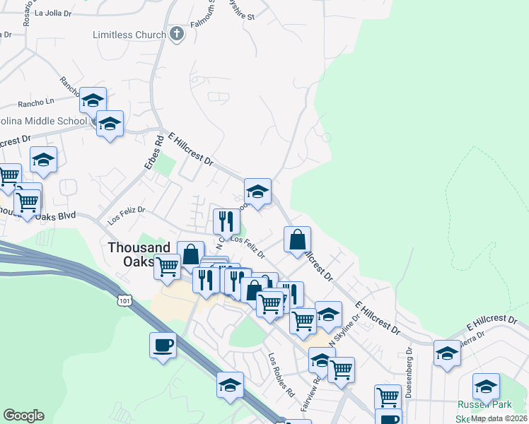 map of restaurants, bars, coffee shops, grocery stores, and more near 335 Wynn Court in Thousand Oaks