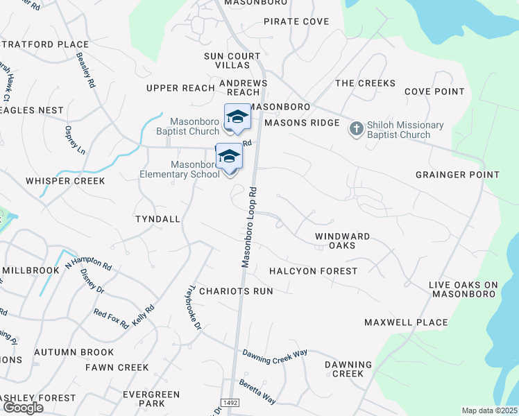 map of restaurants, bars, coffee shops, grocery stores, and more near 3541 Masonboro Loop Road in Wilmington