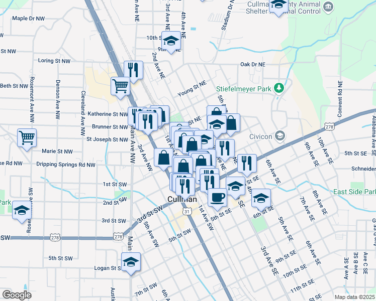 map of restaurants, bars, coffee shops, grocery stores, and more near 115 2nd Avenue Northeast in Cullman