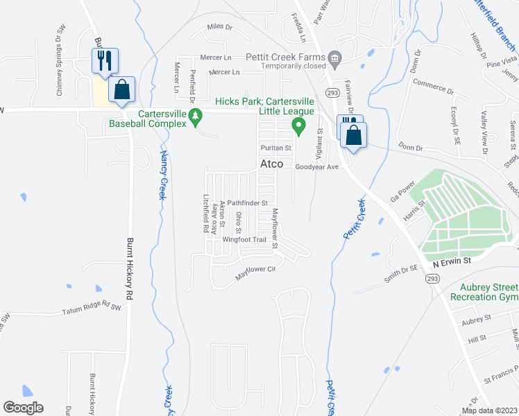 map of restaurants, bars, coffee shops, grocery stores, and more near 20 Pathfinder Street in Cartersville