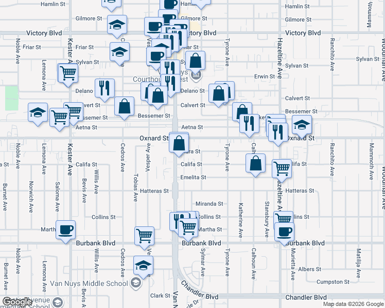 map of restaurants, bars, coffee shops, grocery stores, and more near 14420 Oxnard Street in Los Angeles