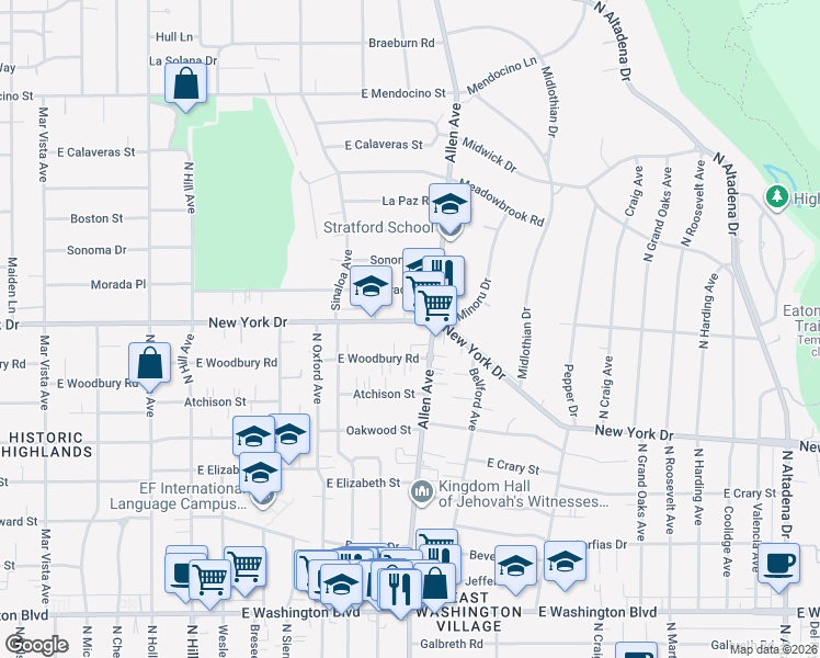 map of restaurants, bars, coffee shops, grocery stores, and more near 1818 New York Drive in Altadena