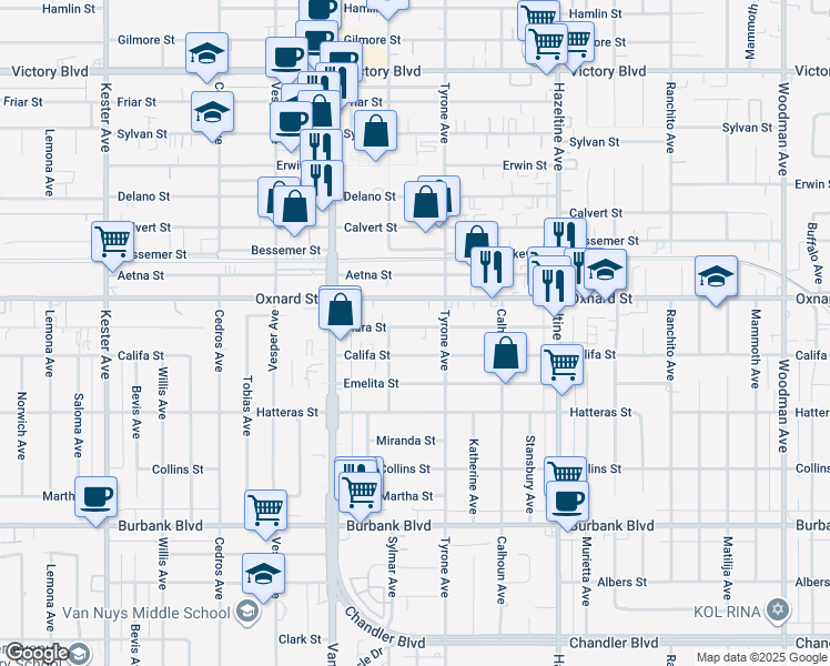 map of restaurants, bars, coffee shops, grocery stores, and more near 14334 Tiara Street in Los Angeles