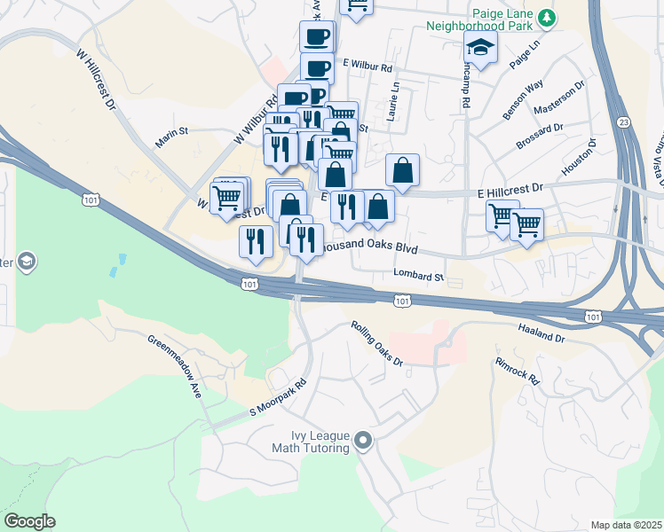 map of restaurants, bars, coffee shops, grocery stores, and more near 121 Thousand Oaks Boulevard in Thousand Oaks