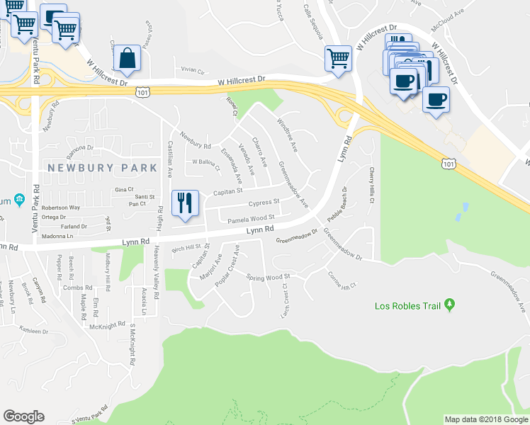 map of restaurants, bars, coffee shops, grocery stores, and more near 755 Pamela Wood Street in Thousand Oaks