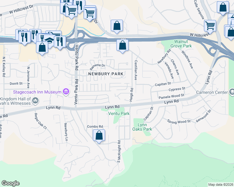 map of restaurants, bars, coffee shops, grocery stores, and more near 1047 Mountain Oak Place in Thousand Oaks