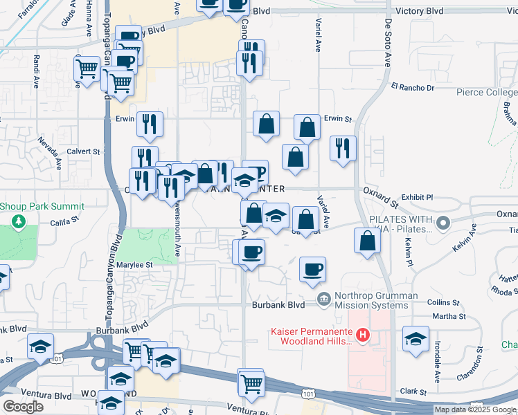 map of restaurants, bars, coffee shops, grocery stores, and more near 5950 Canoga Avenue in Los Angeles