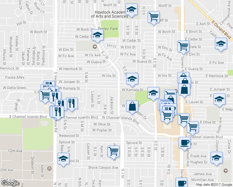 map of restaurants, bars, coffee shops, grocery stores, and more near 2221 South J Street in Oxnard