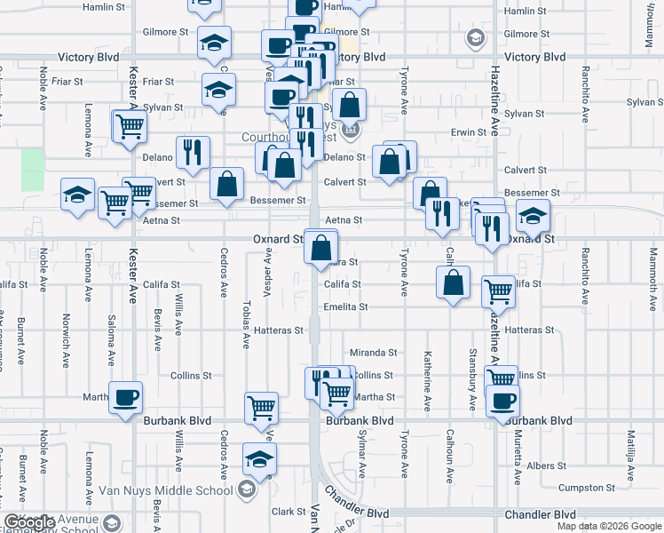 map of restaurants, bars, coffee shops, grocery stores, and more near 14438 Tiara Street in Los Angeles