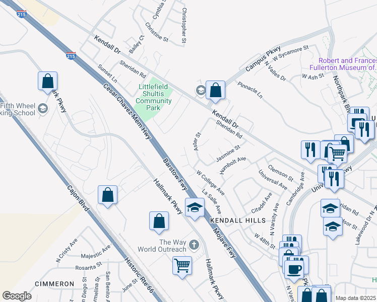 map of restaurants, bars, coffee shops, grocery stores, and more near 2460 West College Avenue in San Bernardino