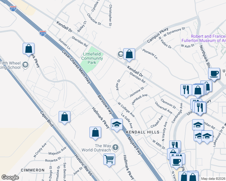 map of restaurants, bars, coffee shops, grocery stores, and more near 2460 West College Avenue in San Bernardino