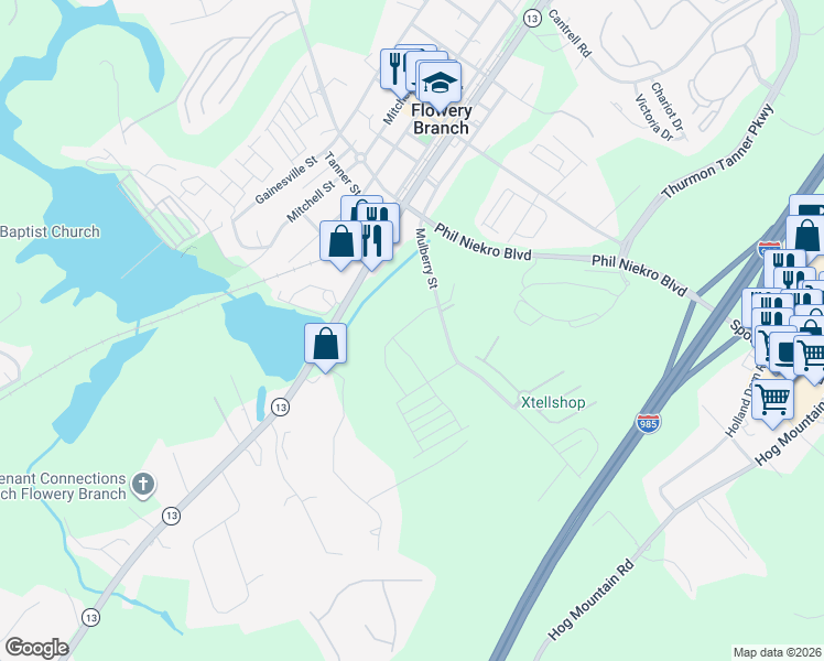map of restaurants, bars, coffee shops, grocery stores, and more near 5533 Keswick Drive in Flowery Branch