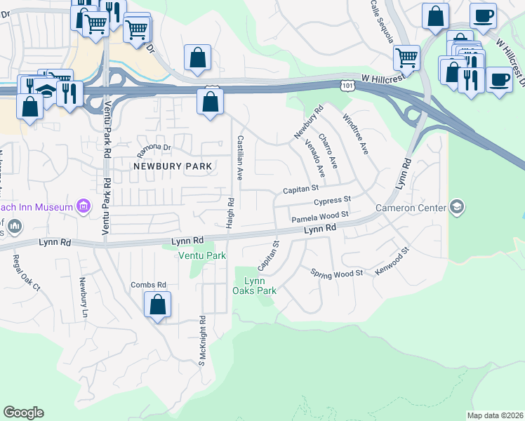 map of restaurants, bars, coffee shops, grocery stores, and more near 24 Cedar Crest Court in Thousand Oaks